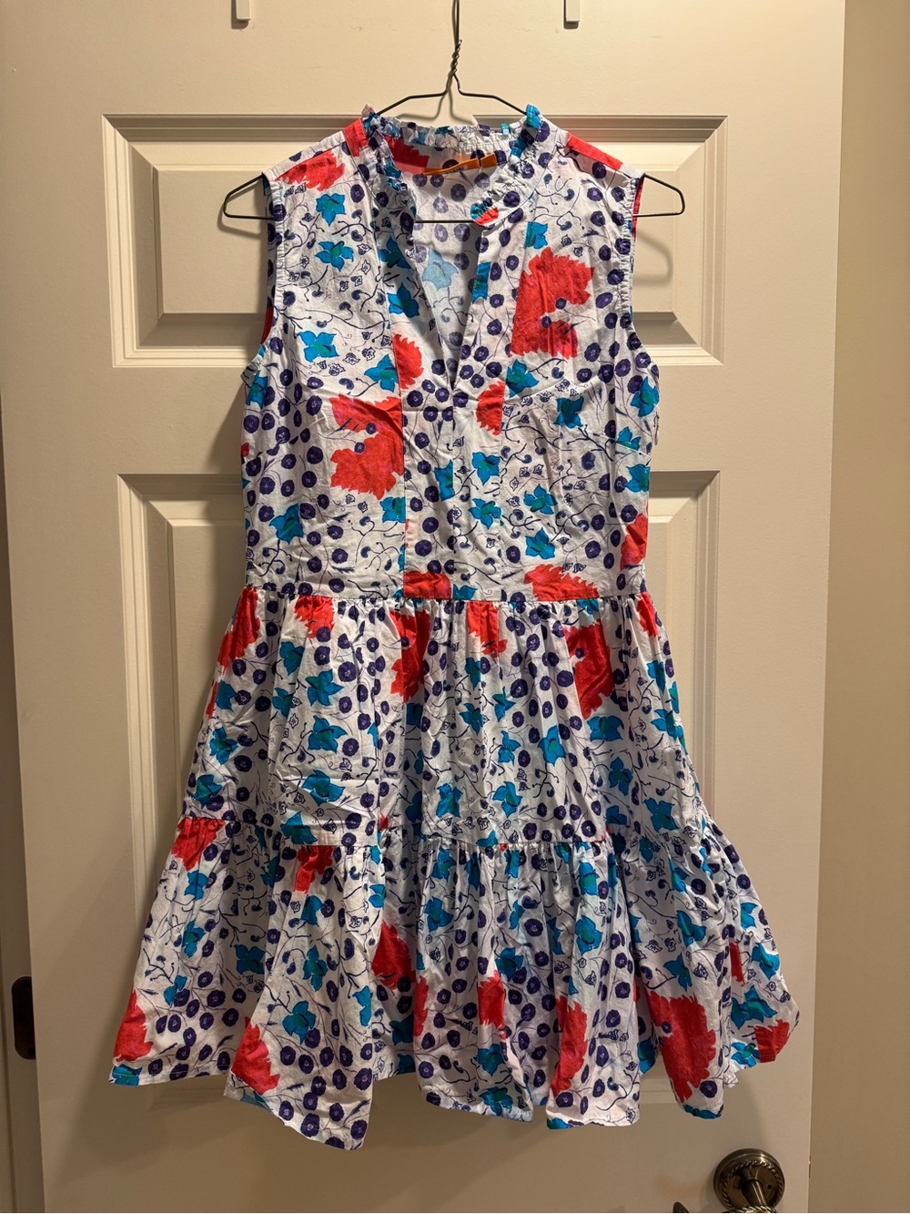 Oliphant White Floral Tiered Sundress with Red and Teal Accents XS